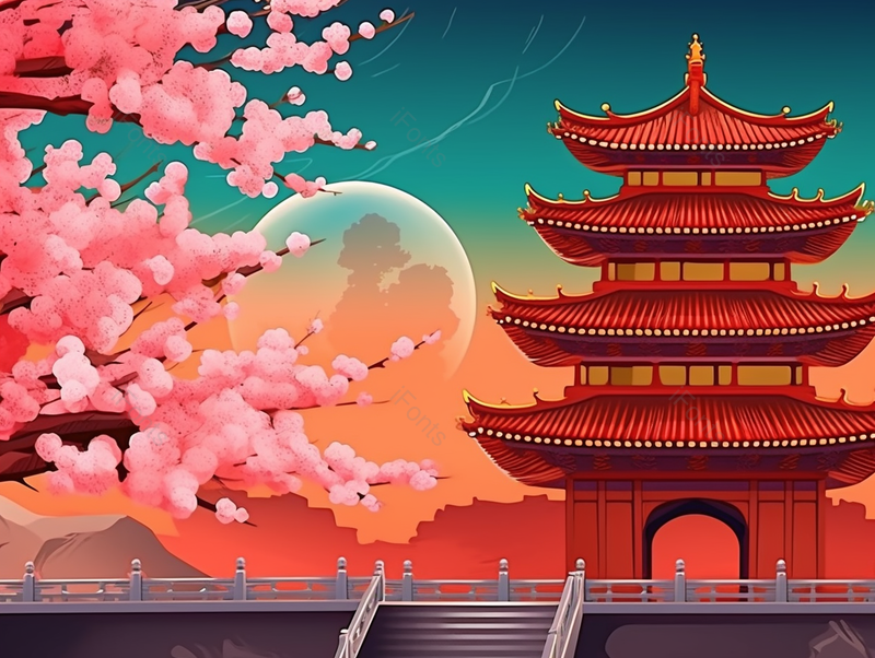 国风西湖景色柳树粉色的桃花梅花盛开古风楼阁建筑背景插画,插画/手绘图,插画/手绘图库,插画/手绘图下载,插画/手绘